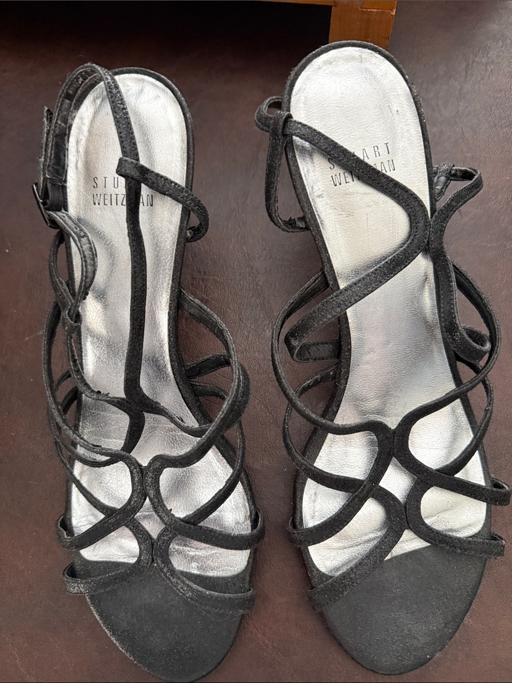 Stuart Weitzman Black Strappy Suede Heeled Sandals